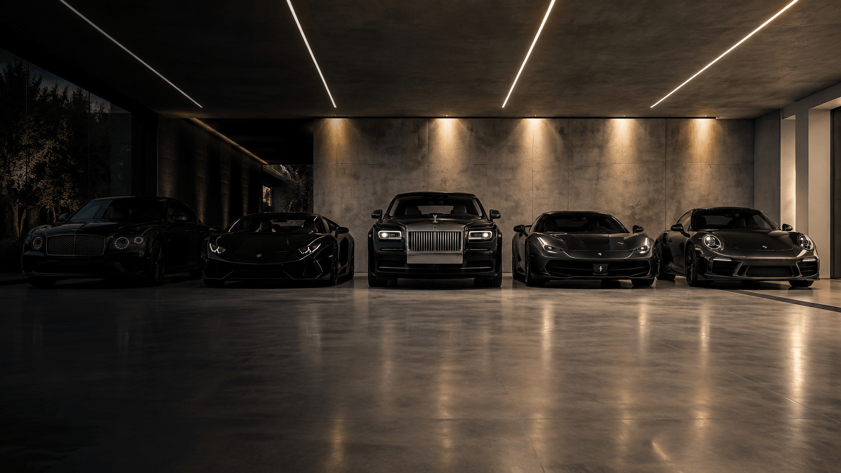 Cars lined up on a lit showroom floor