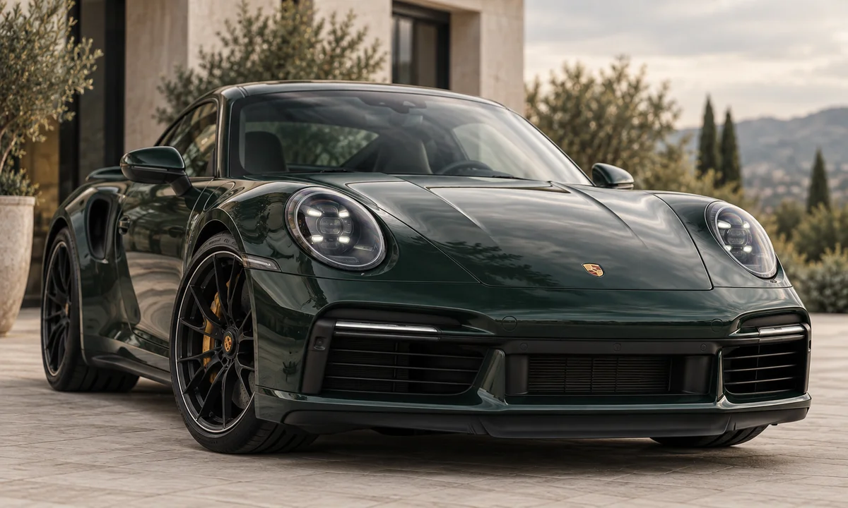 Front of a dark green Porsche 911