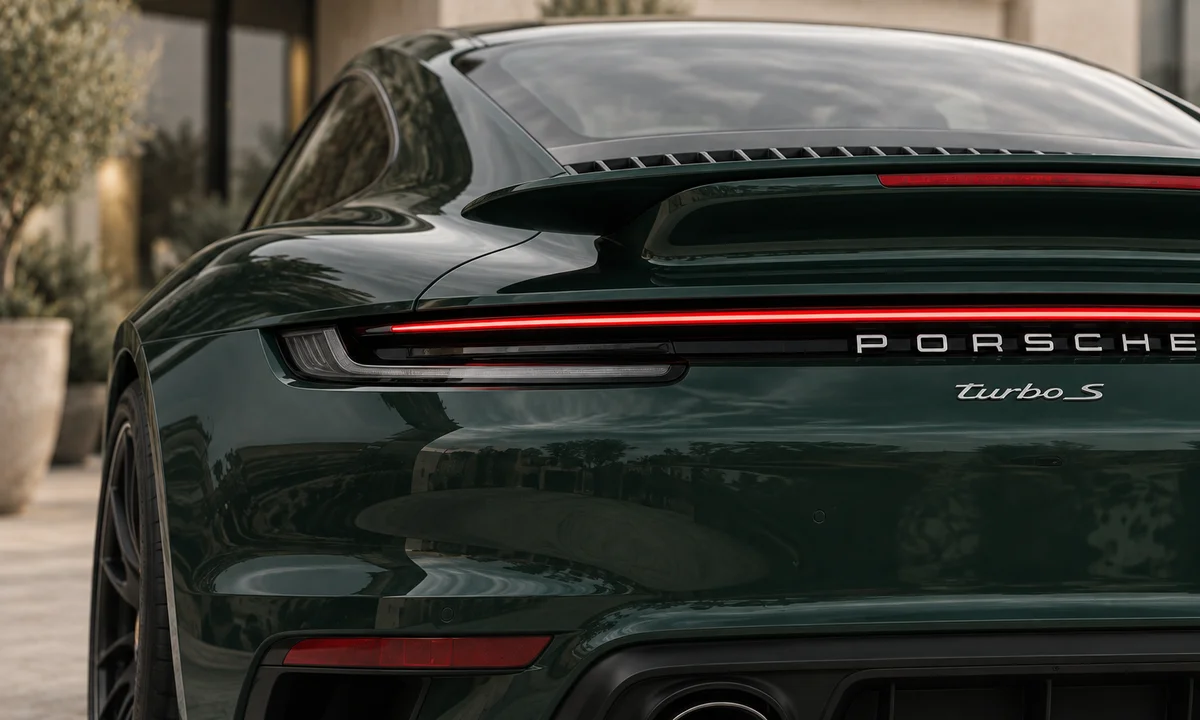 Tail lights of a dark green Porsche