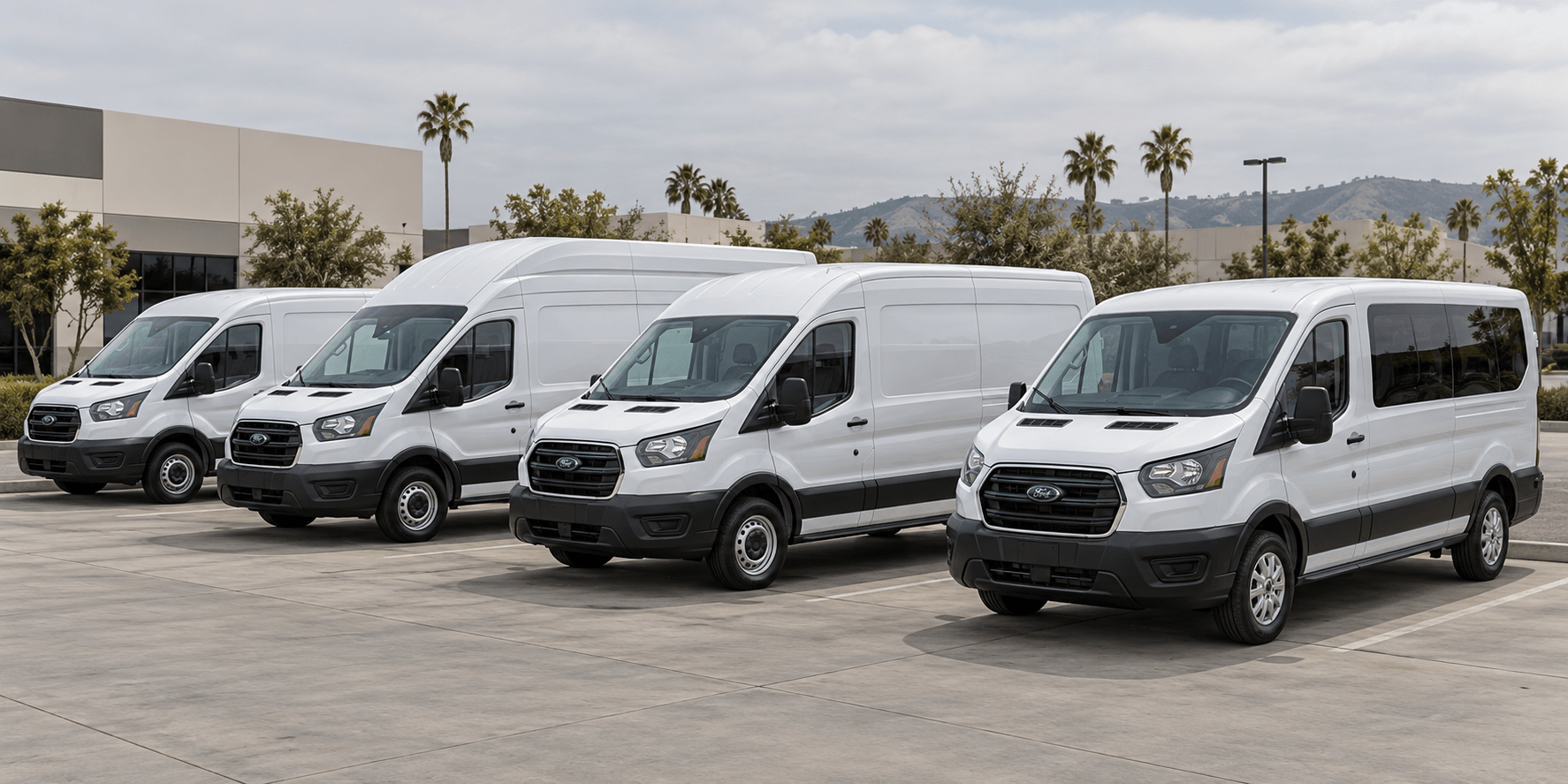 Commercial Ford Transit cargo and passenger vans in a vehicle lot